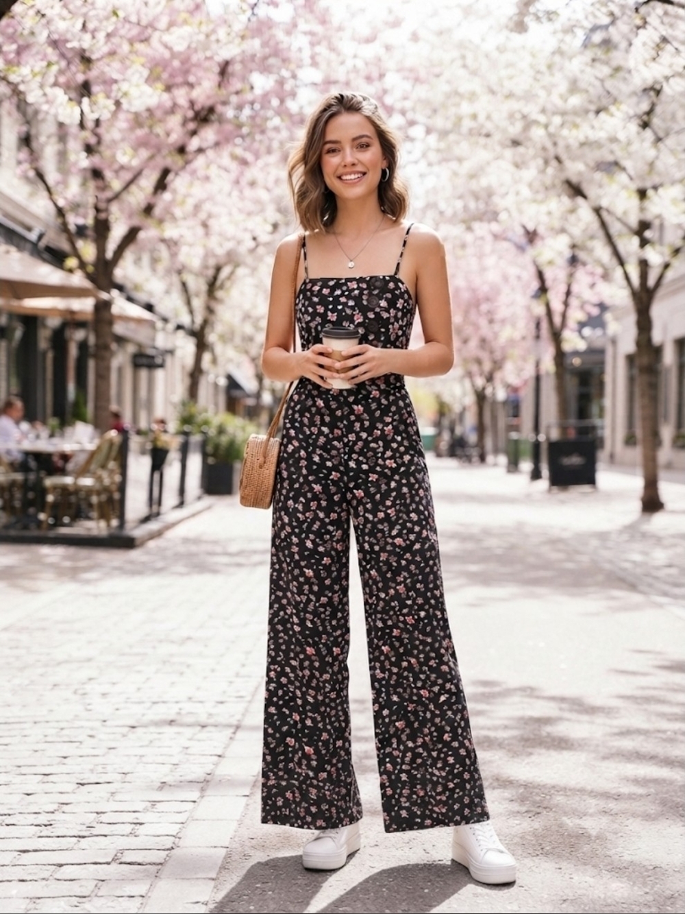 wild fable Black Floral Wide-Leg Spaghetti-Strap Jumpsuit